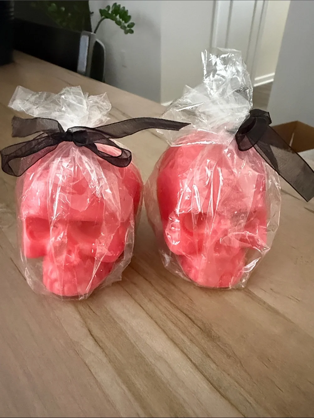 Pink Skull Candle Pair with Black Ribbon Accent